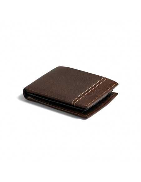 Small brown leather American-style wallet with coin pocket, perspective view on white background - MONPIEL
