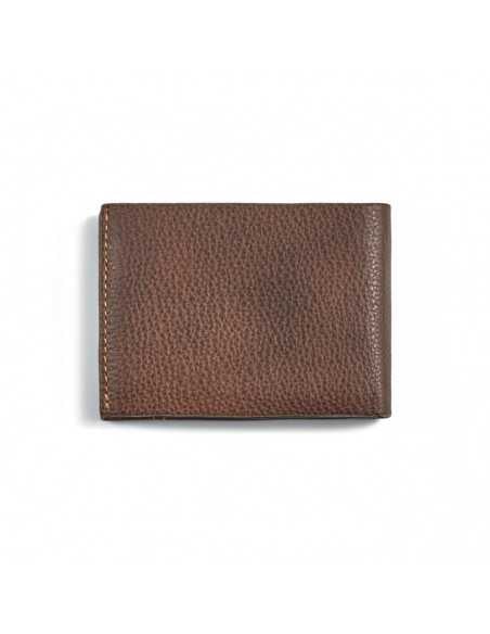 Small brown leather American-style wallet with coin pocket, rear view on white background - MONPIEL