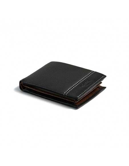 Petit portefeuille américain en cuir noir avec porte-monnaie, vue en perspective sur fond blanc - MONPIEL