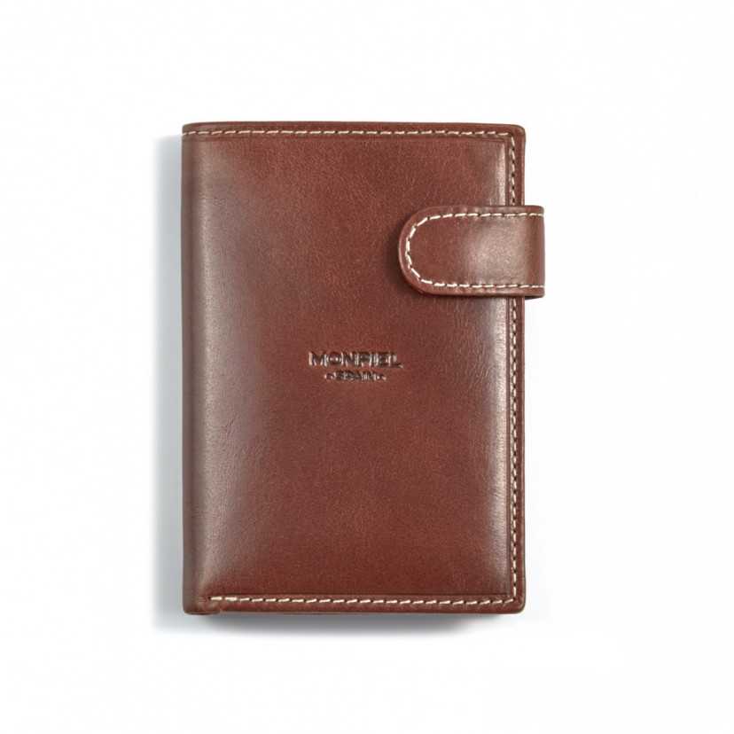 Leather clasp wallet with coin purse inside in tan, shown from the front on a white background - MONPIEL