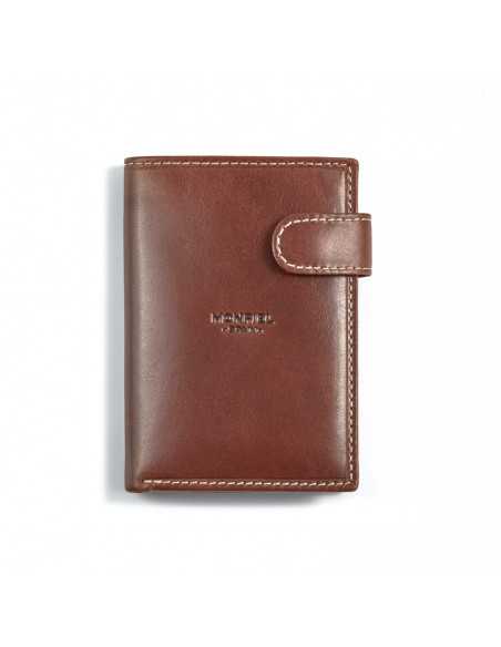 Leather wallet with clasp and internal coin pocket in tan color, front view on white background - MONPIEL