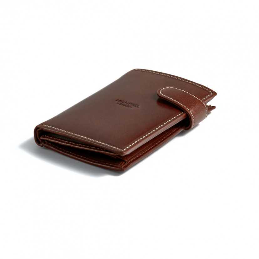 Leather clasp wallet with coin purse inside in tan, shown in perspective on a white background - MONPIEL