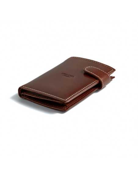 Leather wallet with clasp and internal coin pocket in tan color, perspective view on white background - MONPIEL