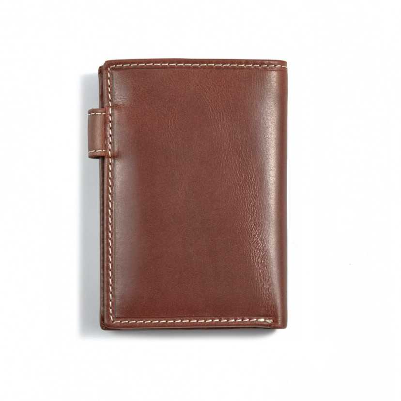 Leather clasp wallet with coin purse inside in tan, shown from the back on a white background - MONPIEL