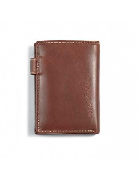 Leather wallet with clasp and internal coin pocket in tan color, rear view on white background - MONPIEL