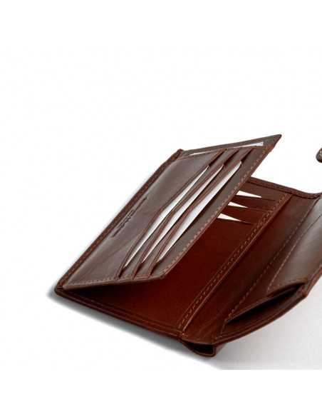 Leather wallet with clasp and internal coin pocket in tan color, showing card slots, on white background - MONPIEL