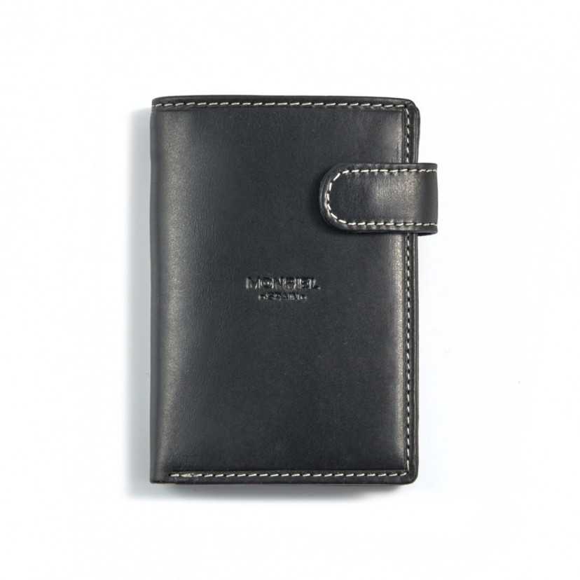 Leather clasp wallet with coin purse inside in black, shown from the front on a white background - MONPIEL