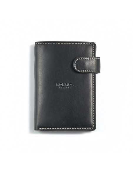 Leather clasp wallet with coin purse inside in black, shown from the front on a white background - MONPIEL Leather clasp wallet with coin purse inside in black, shown from the front on a white background - MONPIEL