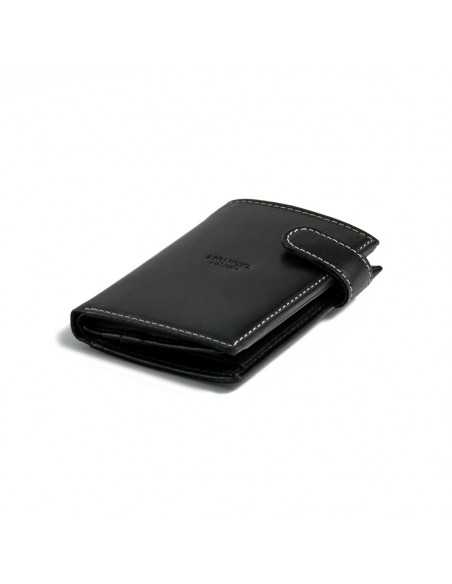 Leather clasp wallet with coin purse inside in black, shown in perspective on a white background - MONPIEL Leather clasp wallet with coin purse inside in black, shown in perspective on a white background - MONPIEL