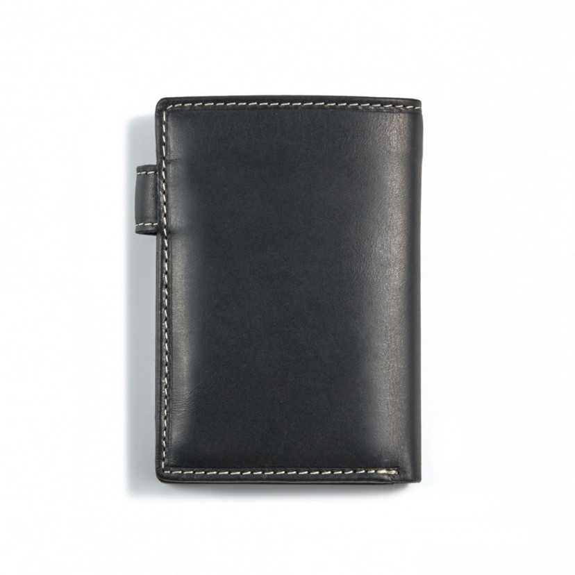 Leather clasp wallet with coin purse inside in black, shown from the back on a white background - MONPIEL