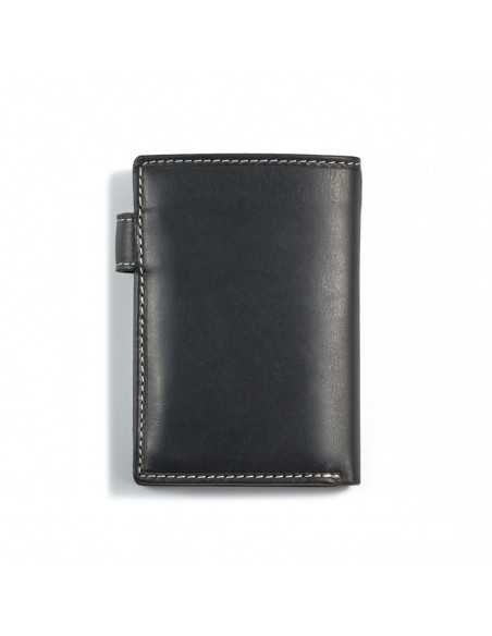 Black leather wallet with clasp and internal coin pocket, rear view on white background - MONPIEL Black leather wallet with clasp and internal coin pocket, rear view on white background - MONPIEL