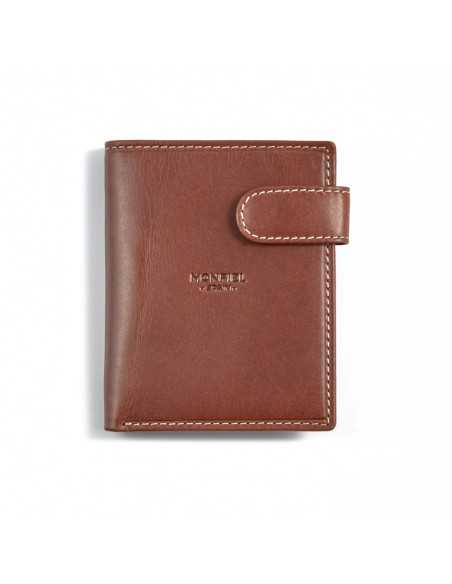 Cartera broche monedero trasero de piel en color cuero con vista frontal sobre fondo blanco - MONPIEL