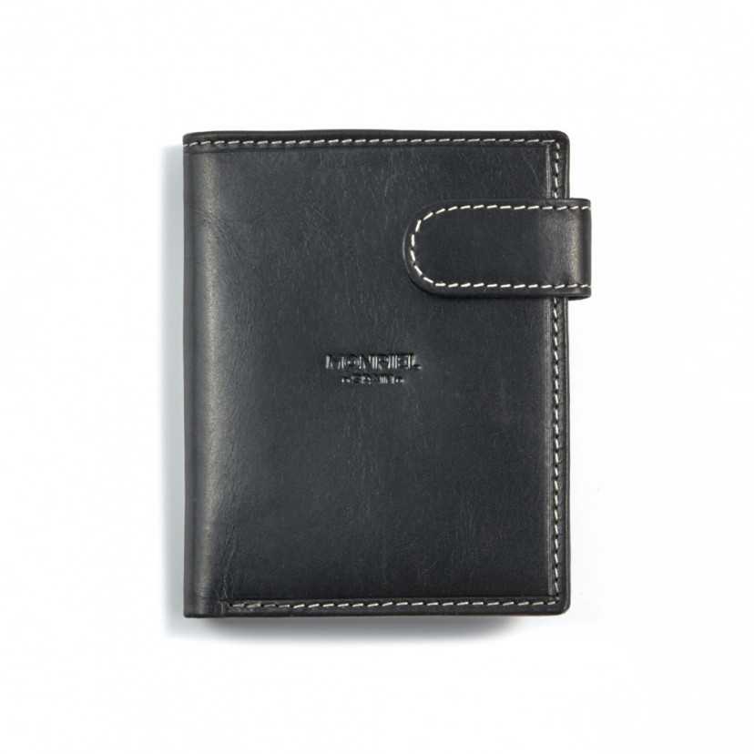 Leather clasp wallet with coin purse at the back in black, shown from the front on a white background - MONPIEL
