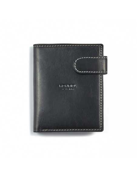 Leather clasp wallet with coin purse at the back in black, shown from the front on a white background - MONPIEL