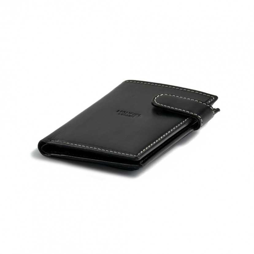 Leather clasp wallet with coin purse at the back in black, shown in perspective on a white background - MONPIEL