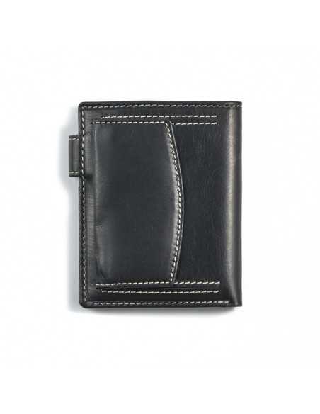 Cartera broche monedero trasero de piel en color negro con vista trasera sobre fondo blanco - MONPIEL Cartera broche monedero trasero de piel en color negro con vista trasera sobre fondo blanco - MONPIEL