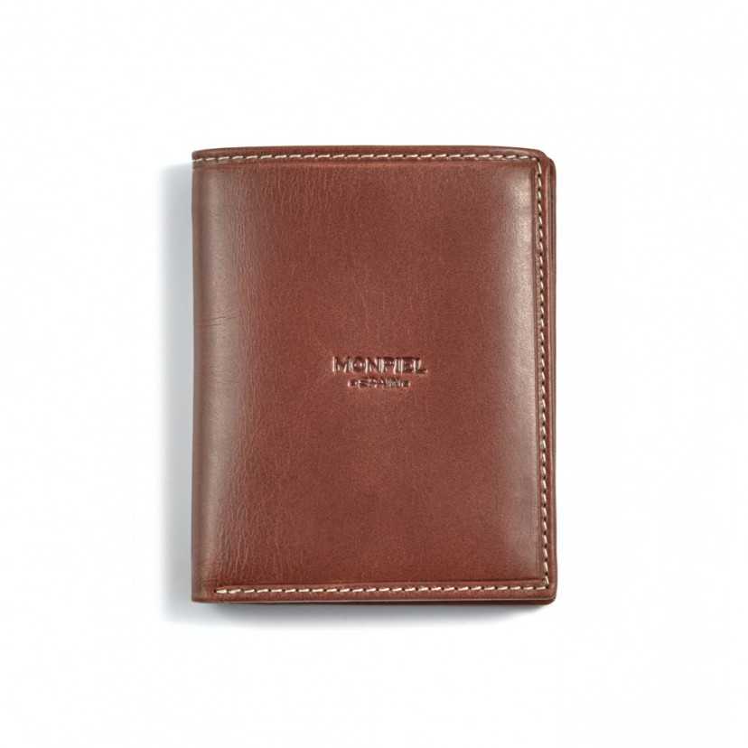 Simple wallet with central logo in tan, shown from the front on a white background - MONPIEL