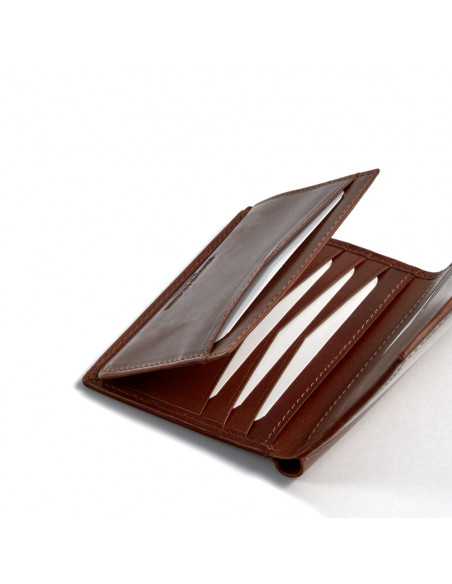 Simple tan leather billfold with centered logo, close-up of card slots, on white background - MONPIEL