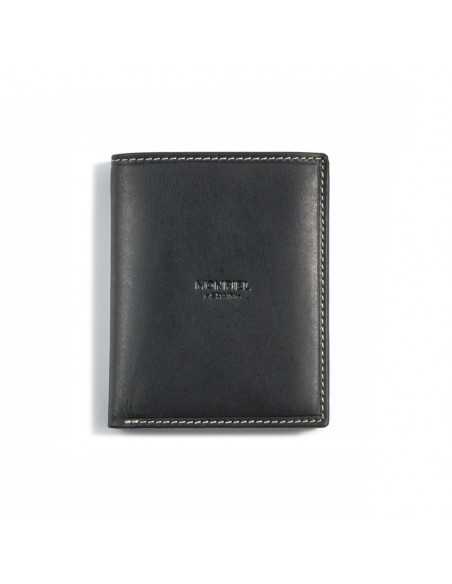 Simple black leather billfold with centered logo, front view on white background - MONPIEL