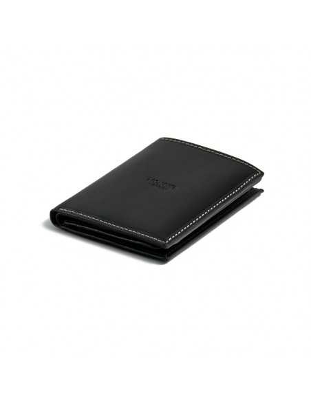 Simple black leather billfold with centered logo, perspective view on white background - MONPIEL