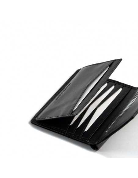 Simple wallet with central logo in black, featuring an enlarged detail of card slots, on a white background - MONPIEL