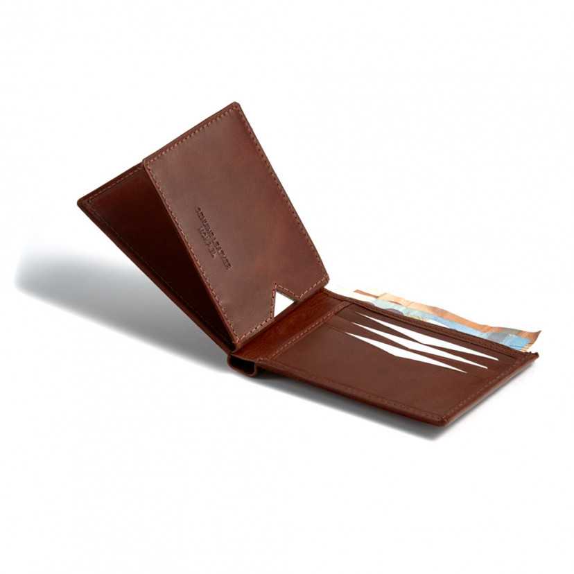 Small simple leather wallet in tan, open on a white background - MONPIEL