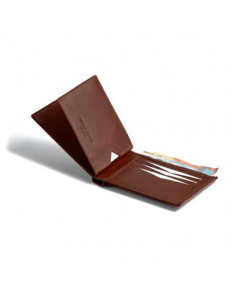 Petit portefeuille américain simple en cuir couleur cuir, ouvert, sur fond blanc - MONPIEL Petit portefeuille américain simple en cuir couleur cuir, ouvert, sur fond blanc - MONPIEL