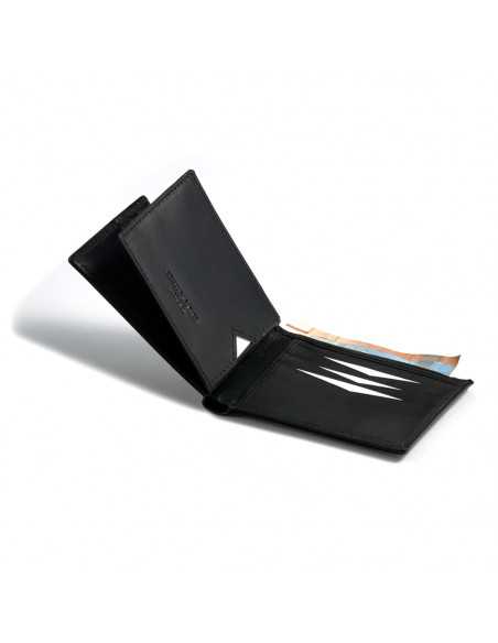 Small simple black leather American-style wallet, open view on white background - MONPIEL