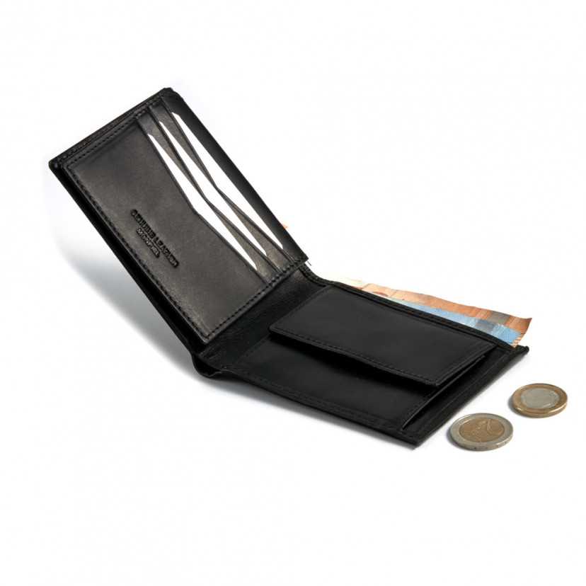 Large leather wallet with central logo in black, open with coin detail on a white background - MONPIEL