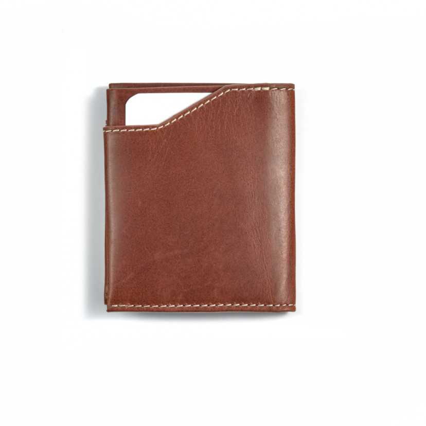 Tan leather pocket wallet, shown from the back on a white background - MONPIEL