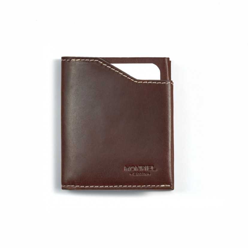 Brown leather pocket wallet, shown from the front on a white background - MONPIEL