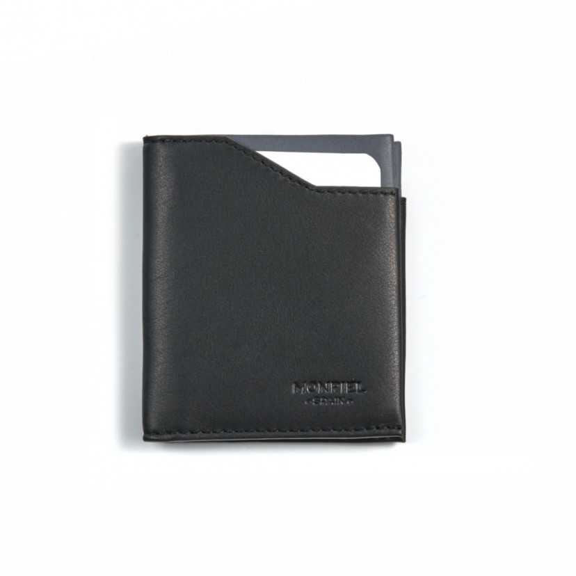 Black leather pocket wallet, shown from the front on a white background - MONPIEL
