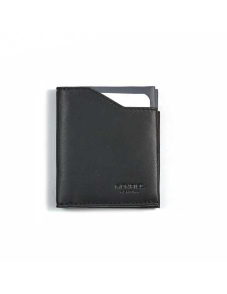 Black leather pocket wallet, front view on white background - MONPIEL