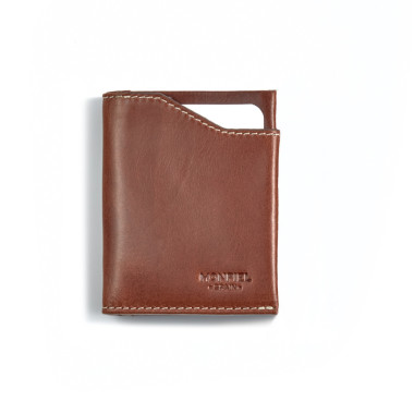 Tan leather pocket wallet with coin purse, shown from the front on a white background - MONPIEL 2