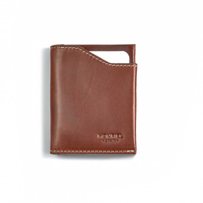 Tan leather pocket wallet with coin purse, shown from the front on a white background - MONPIEL