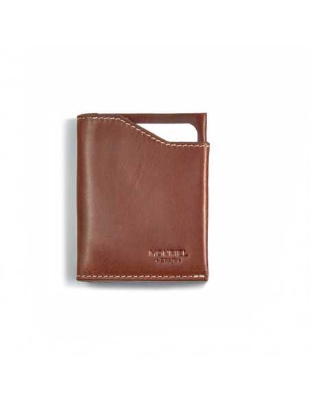 Tan leather pocket wallet with coin purse, shown from the front on a white background - MONPIEL