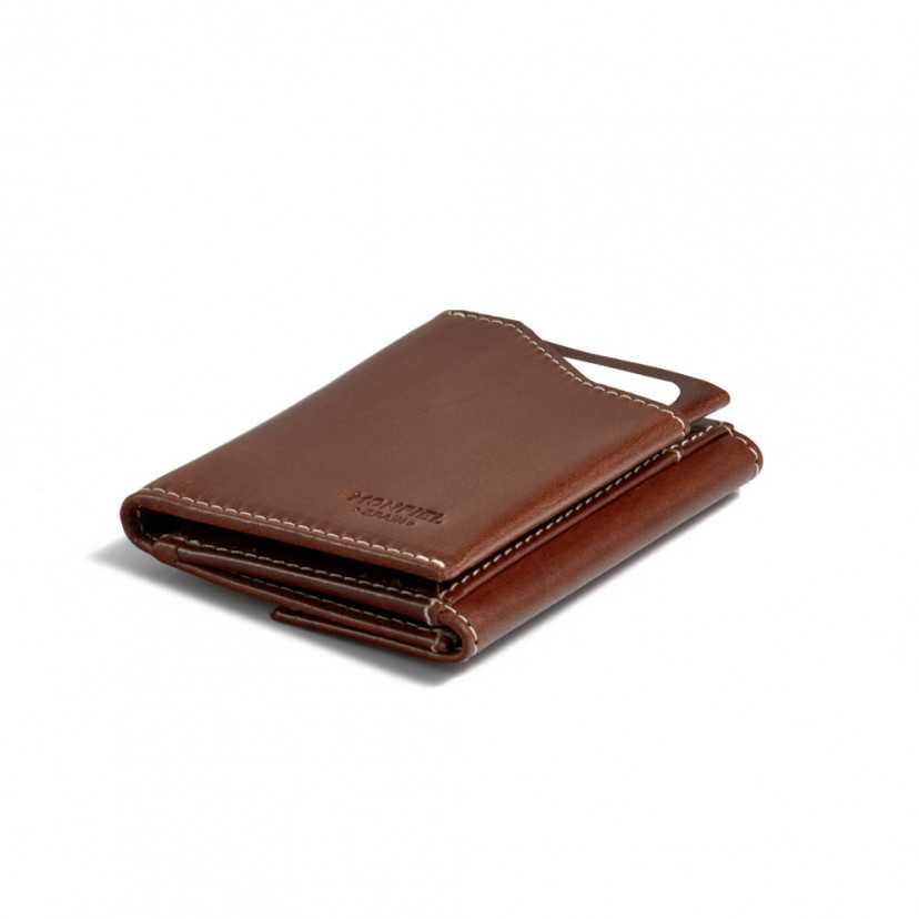 Tan leather pocket wallet with coin purse, shown in perspective on a white background - MONPIEL