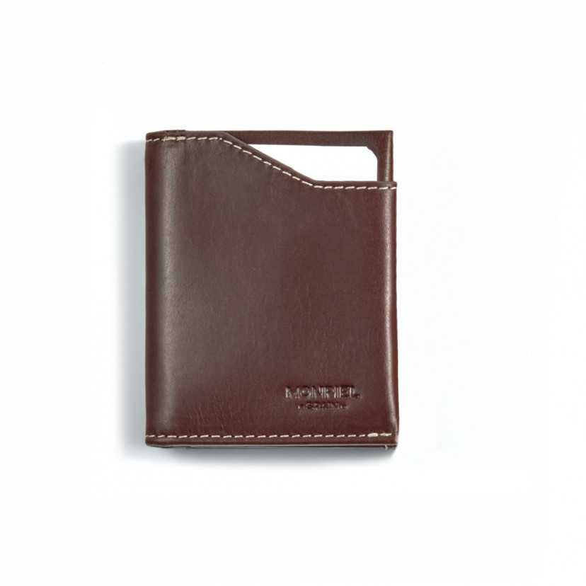 Brown leather pocket wallet with coin purse, shown from the front on a white background - MONPIEL