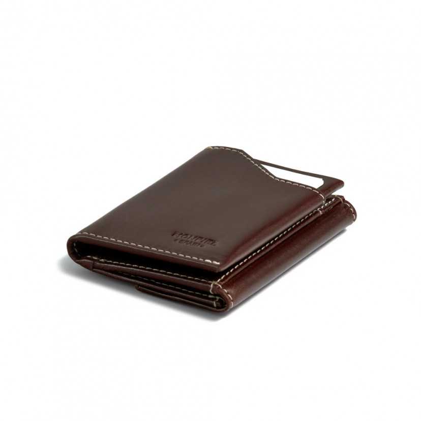 Brown leather pocket wallet with coin purse, shown in perspective on a white background - MONPIEL