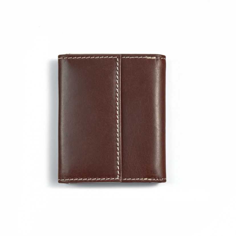 Brown leather pocket wallet with coin purse, shown from the back on a white background - MONPIEL