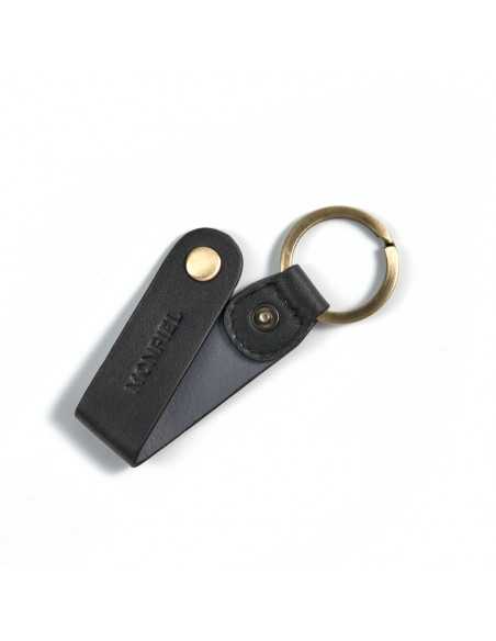 Black and tan leather pocket keychain, open with button detail on a white background - MONPIEL Black and tan leather pocket keychain, open with button detail on a white background - MONPIEL