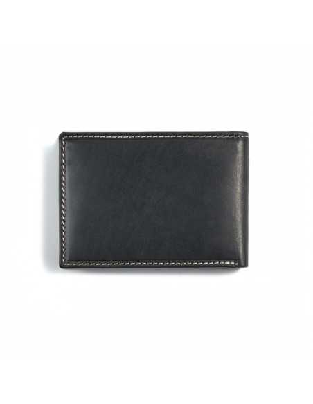 Cartera americana pequeña simple de piel en color negro con vista trasera sobre fondo blanco - MONPIEL