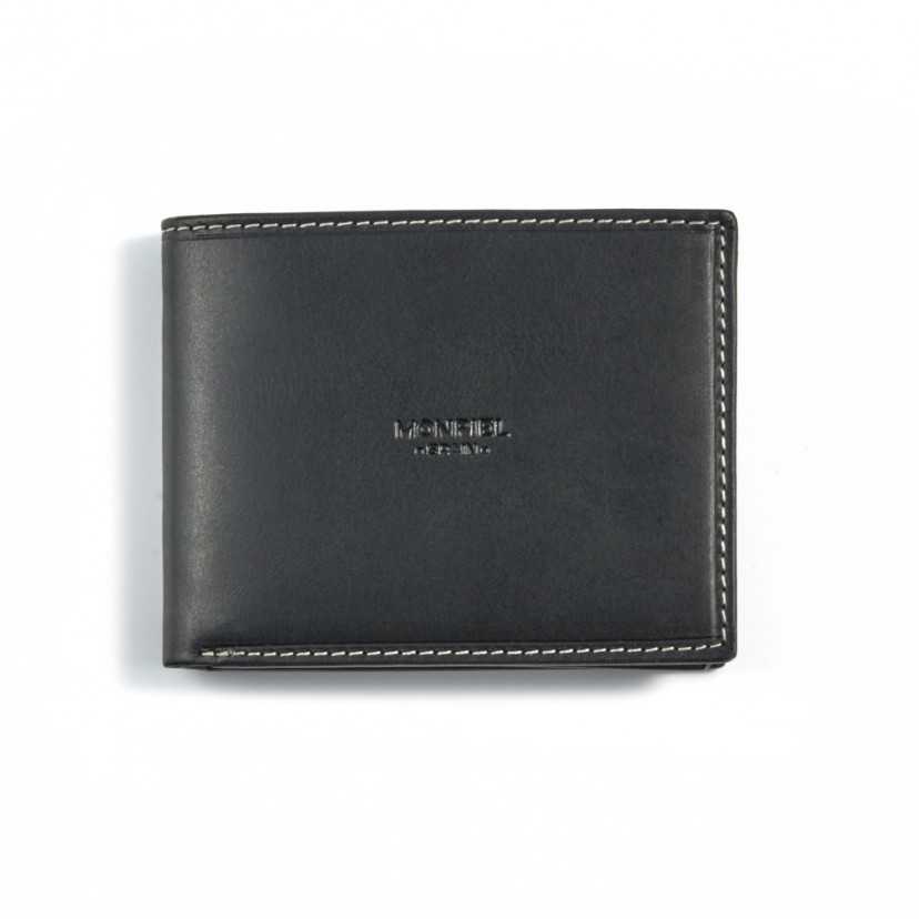 Large leather wallet with central logo in black, shown from the front on a white background - MONPIEL