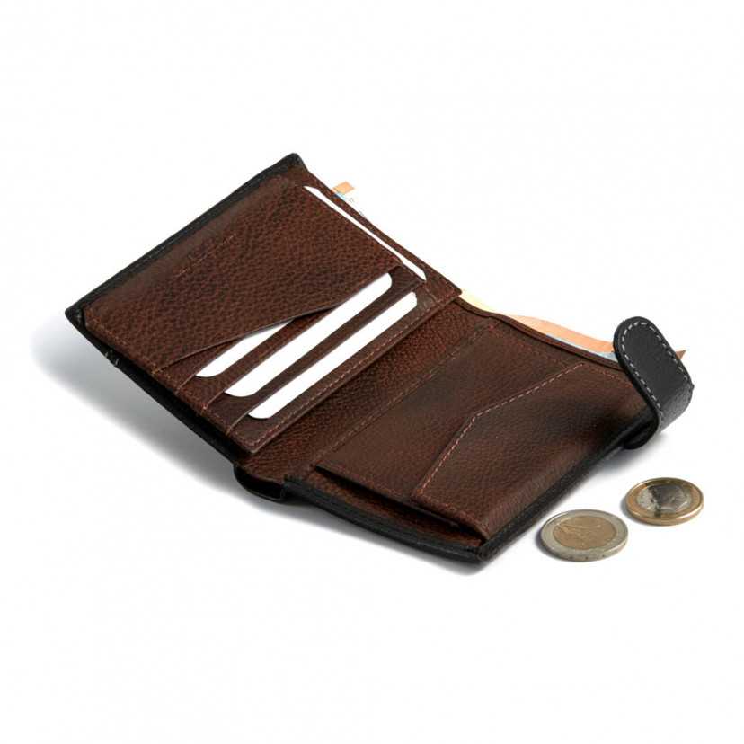 Leather wallet with clasp and coin purse inside in black, open with card slot and coin purse details on a white backgr - MONPIEL