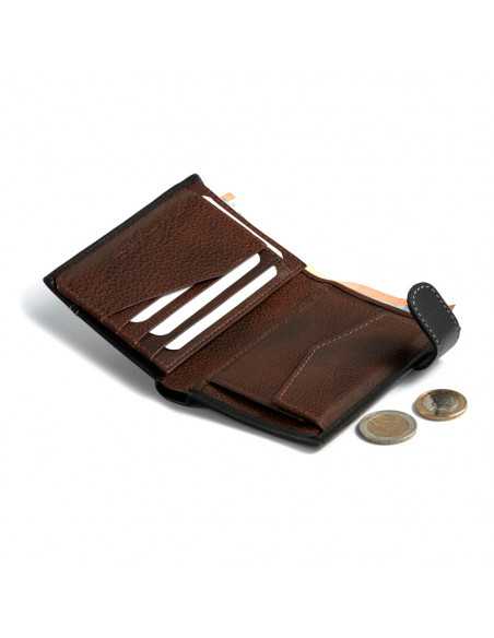 Portafoglio in pelle nera con chiusura a scatto e tasca portamonete interna, aperto con slot per carte e portamonete v - MONPIEL