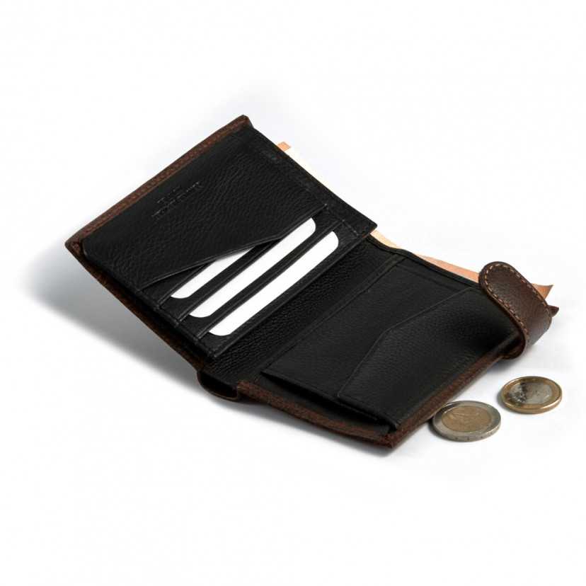 Leather wallet with clasp and coin purse inside in brown, open with card slot and coin purse details on a white backgr - MONPIEL