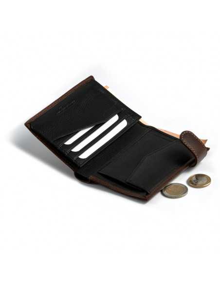 Leather wallet with clasp and coin purse inside in brown, open with card slot and coin purse details on a white backgr - MONPIEL