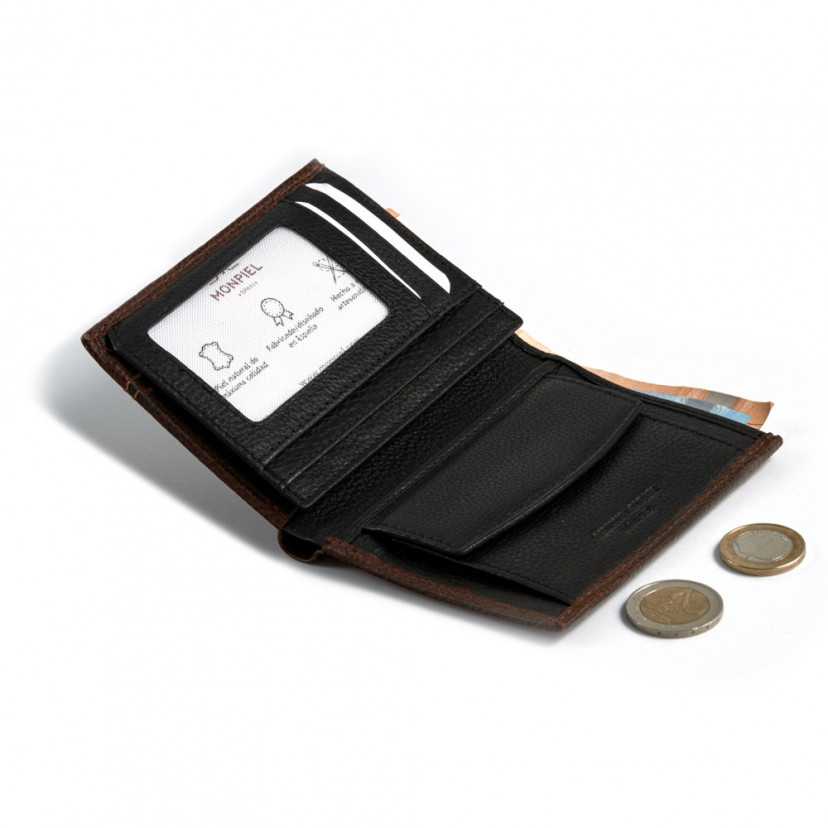 Leather wallet with coin purse inside in brown, open with interior card slots and coin purse details on a white backgr - MONPIEL