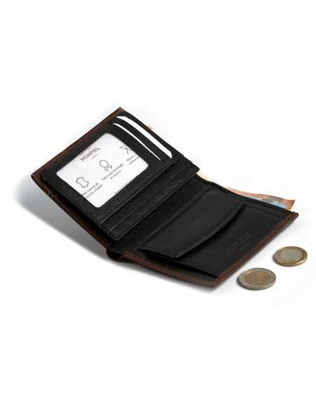 Leather wallet with coin purse inside in brown, open with interior card slots and coin purse details on a white backgr - MONPIEL