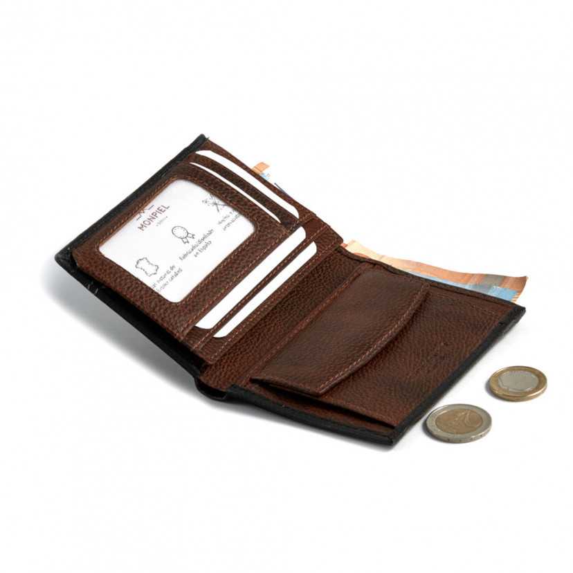 Leather wallet with coin purse inside in black, open with interior card slots and coin purse details on a white backgr - MONPIEL